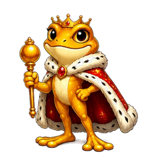 Royal Gold frog skin, golden frog holding a scepter with an ermine cape